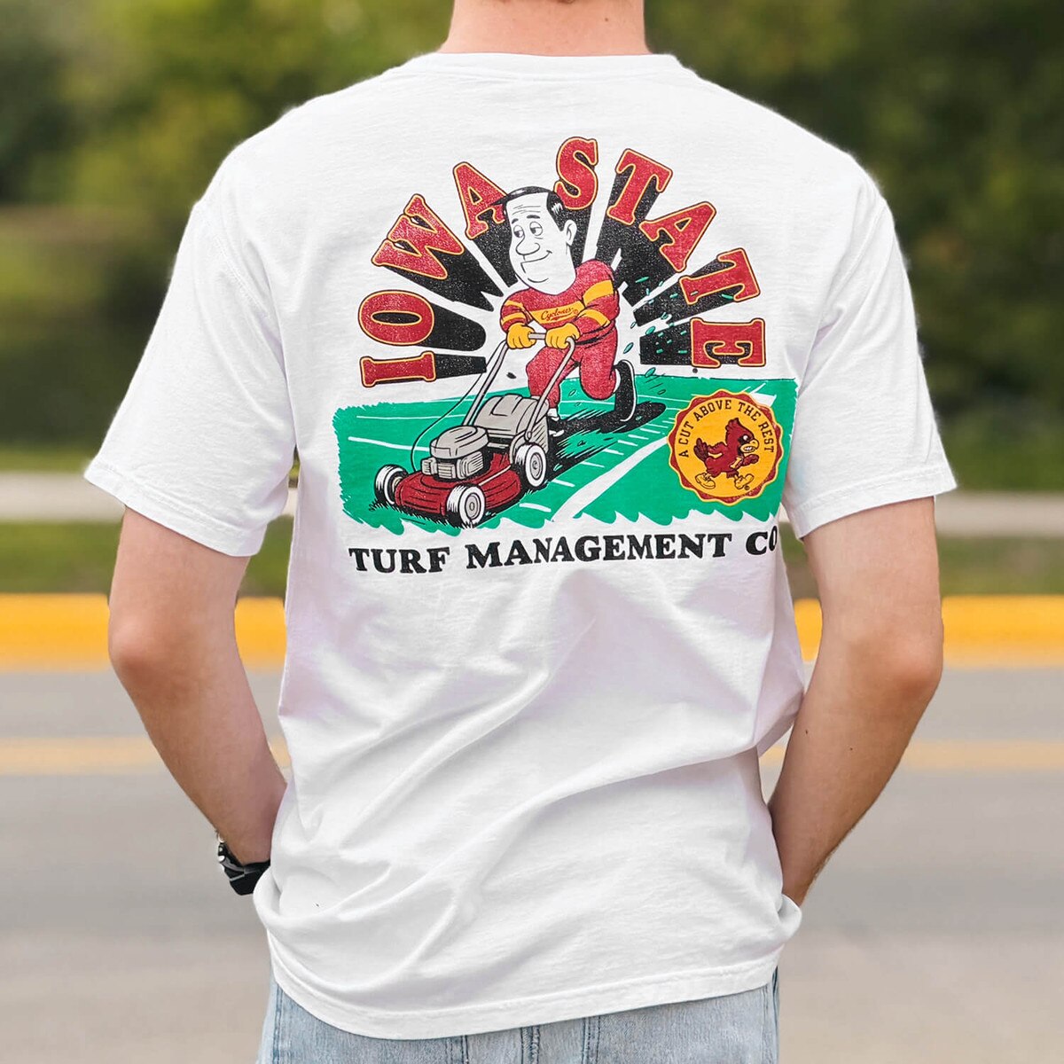 Comfort Wash Iowa State Turf Management White Short Sleeve T-Shirt back design close up